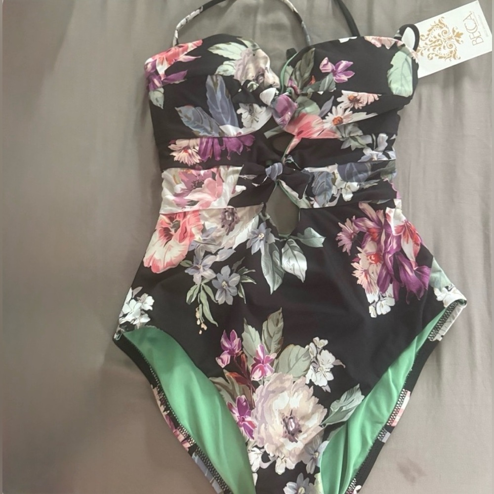BECCA One Piece Swimsuit Floral Cutout Tie Front - Medium NWT Resort Luxury